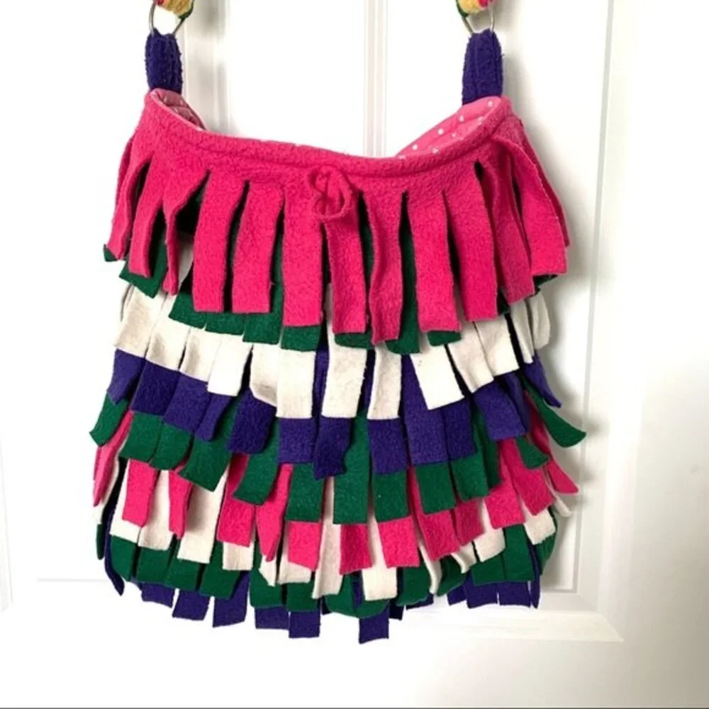 Handmade Fleece Fringe Shoulder Tote Bag Pink White Green